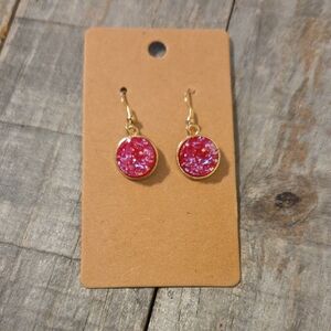 NEW Druzy Sparkly Drop Crystal Round Pendant Dangly Earrings Rose Pink & Gold